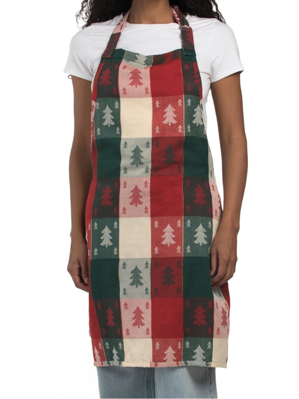 Aspen Holiday Plaid Apron with Tree Print - Red & Green